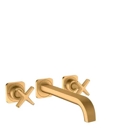 Drei-Loch-Waschtischarmatur in Brushed Gold mit X-Griffen von AXOR, geeignet für die Wandmontage mit einem gebogenen Auslauf.